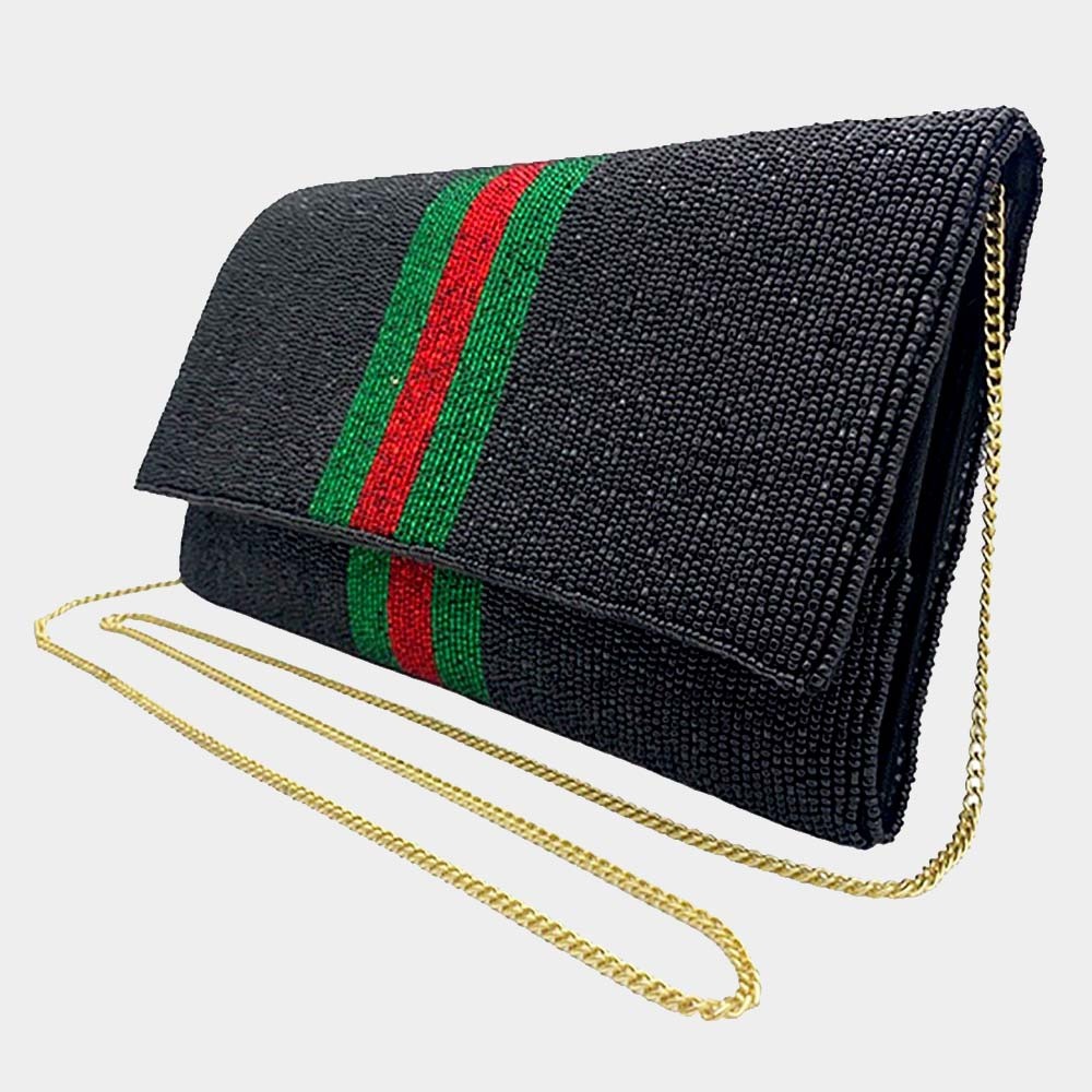 Black seed beaded color block clutch - Picture 1 of 4